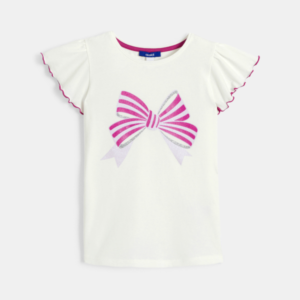 تيشيرت بأكمام قصيرة مزين بربطة، باللون الأبيض للفتيات